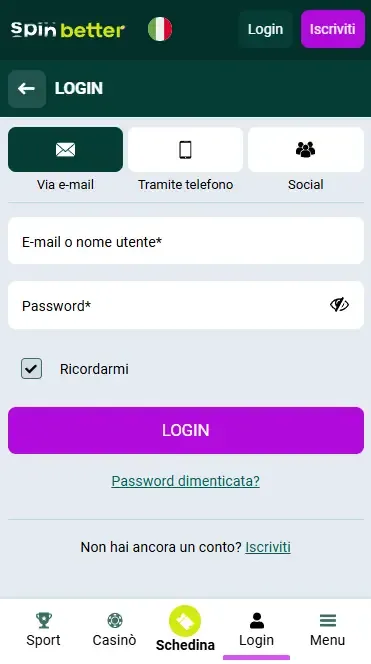 Accesso a Spinbetter via Email in Italia