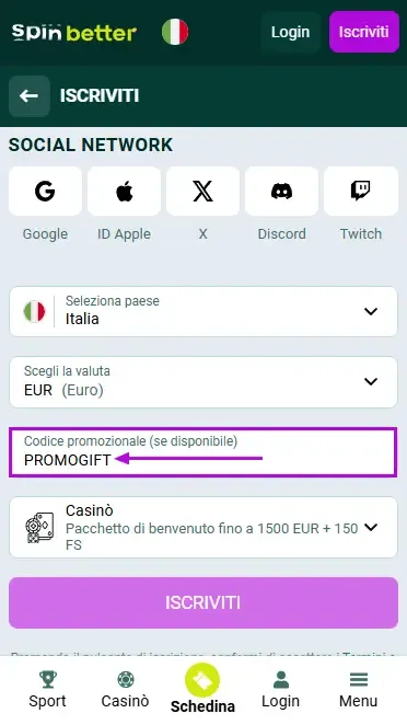 Codice promo Spinbetter Italia