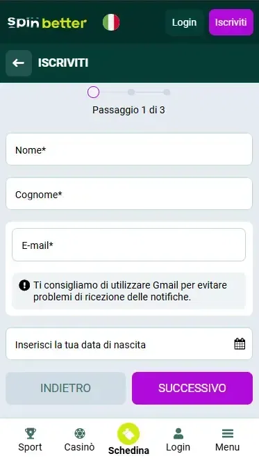 Spinbetter Italia: Registrazione via e-mail