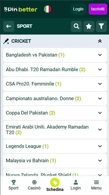 Spinbetter Italia Partite ed Eventi di Cricket