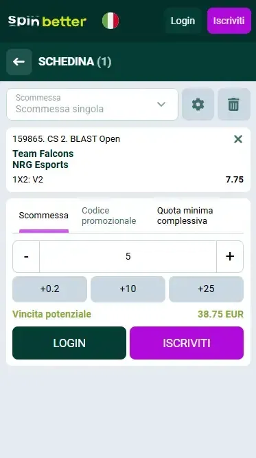 Spinbetter Italia: Biglietto Scommessa Esport