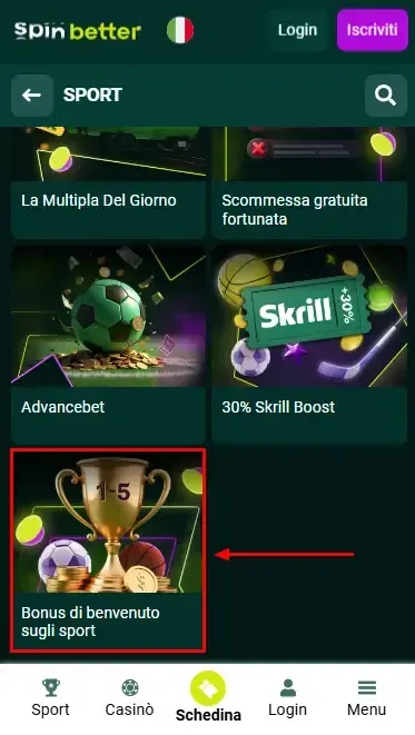 Spinbetter Italia: Bonus di Benvenuto Sport
