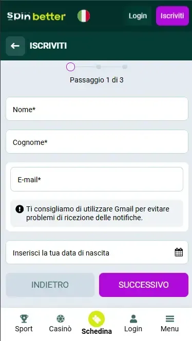 Registrazione Spinbetter Italia via email
