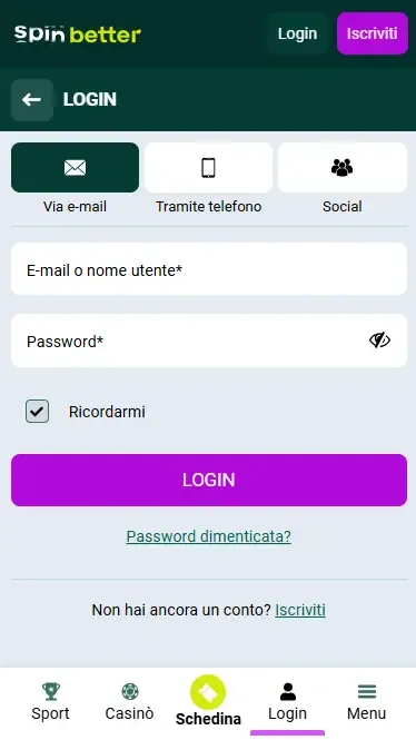 Accesso a Spinbetter Italia via Email