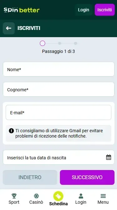 Registrazione Spinbetter Italia via Email