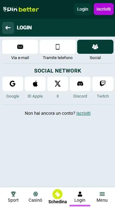 Accesso a Spinbetter Italia tramite Social Network