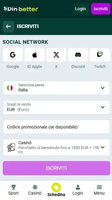 Registrazione Spinbetter Italia tramite Social Network
