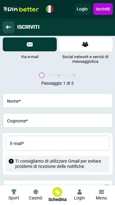 Modulo di registrazione su Spinbetter Italia