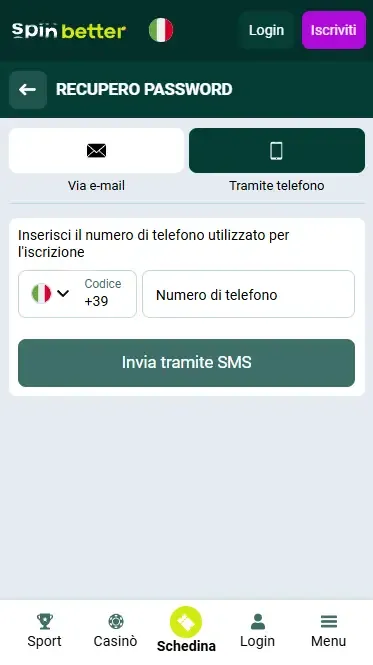 Recupero password tramite numero di telefono su Spinbetter IT