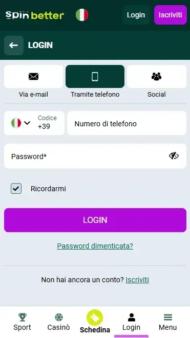 Accesso a Spinbetter Italia tramite numero di telefono