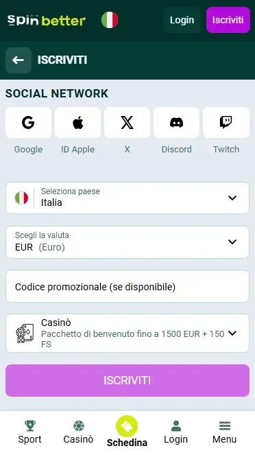 Registrazione Spinbetter tramite Social Network