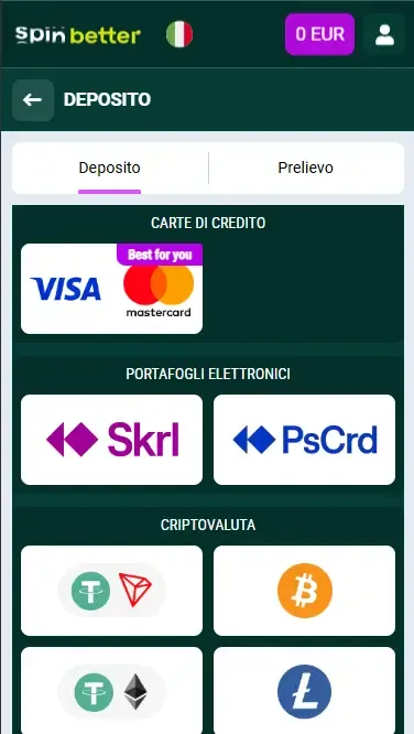 Opzioni di deposito Spinbetter Italia