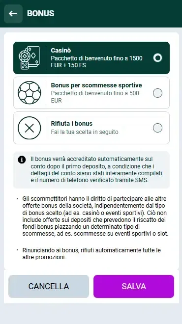 Bonus di Benvenuto Spinbetter in Italia