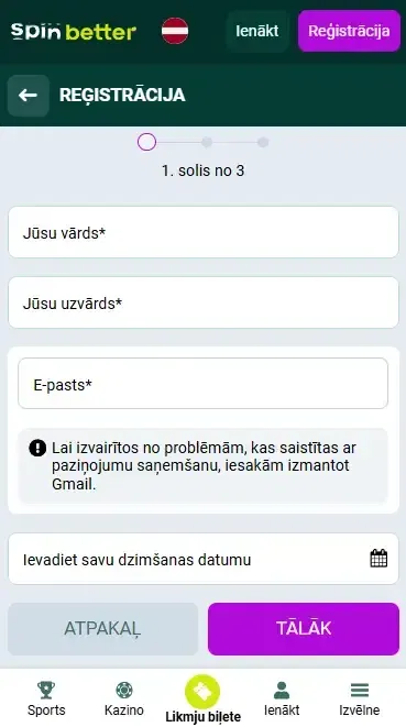 Spinbetter reģistrācija ar e-pastu Latvijā