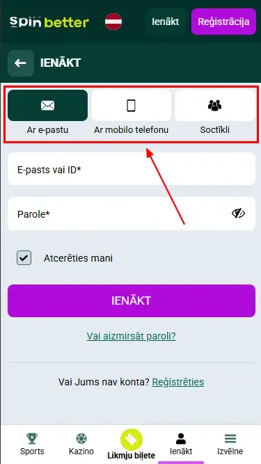 Spinbetter LV: pieteikšanās veidi