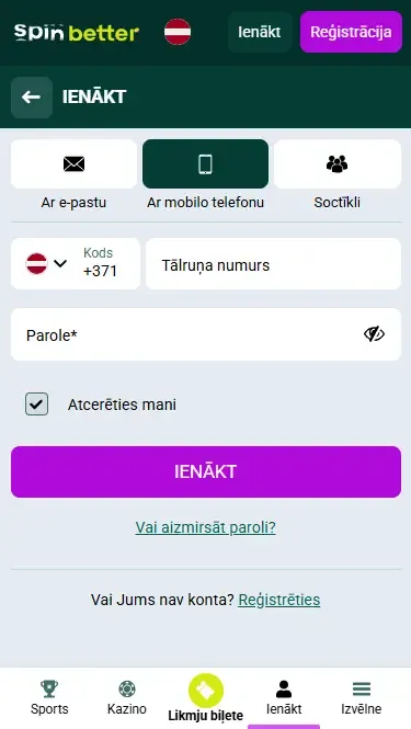 Spinbetter Latvija pieteikšanās ar tālruņa numuru