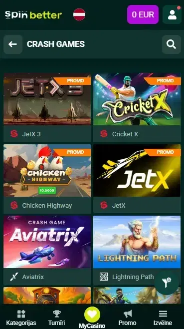 Spinbetter Latvija: Crash spēles