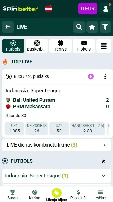 Spinbetter tiešraides likmes