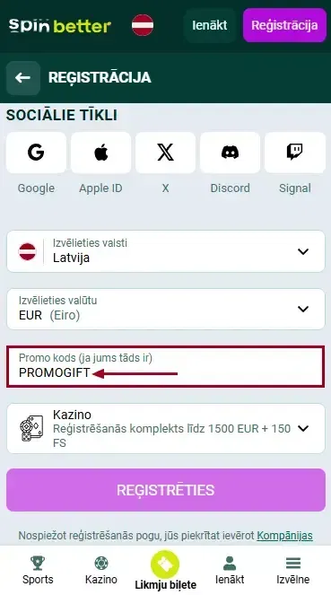 Spinbetter Latvija akcijas kods