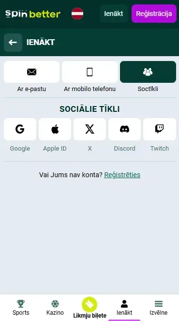 Spinbetter Latvija pieteikšanās ar sociālajiem tīkliem