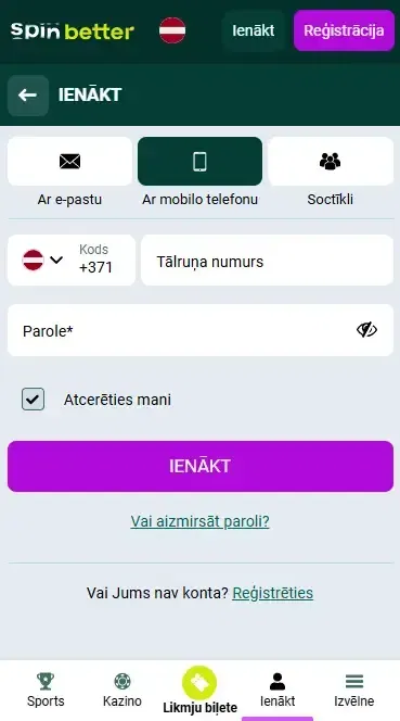 Spinbetter Latvija pieteikšanās ar tālruņa numuru
