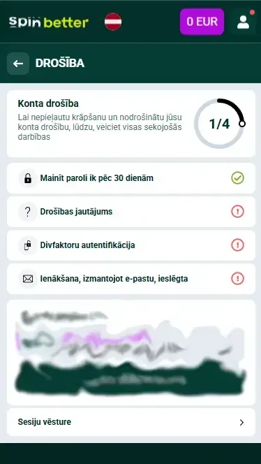 Spinbetter Latvija: konta aizsardzība