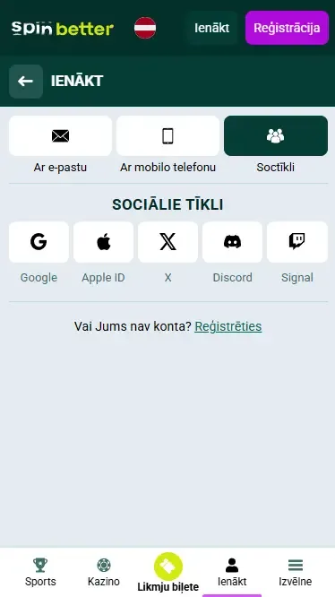 Spinbetter Latvia: pieteikšanās ar sociālajiem tīkliem