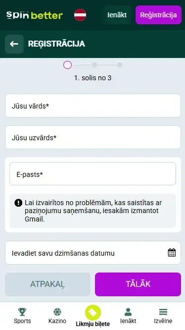 Spinbetter Latvia: Reģistrācija ar e-pastu