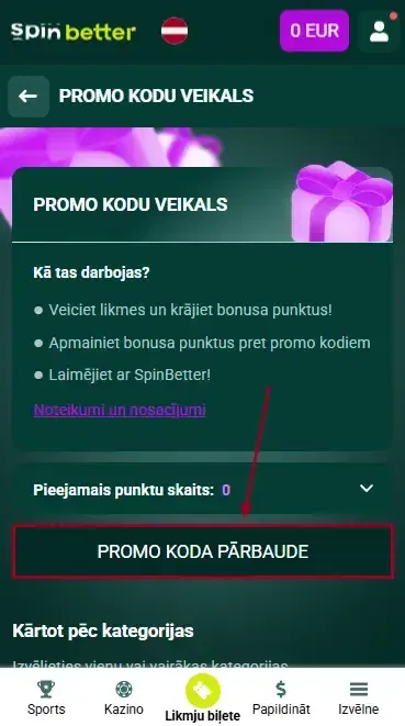 Spinbetter Latvija: Akcijas kodu pārbaude