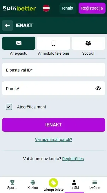 Spinbetter Latvija pieteikšanās ar e-pastu