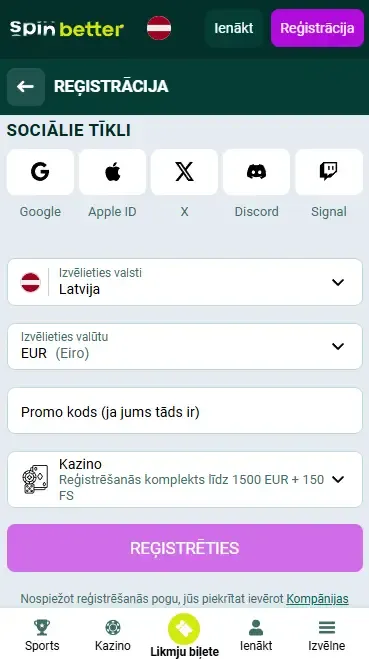 Reģistrēšanās Spinbetter, izmantojot sociālos tīklus
