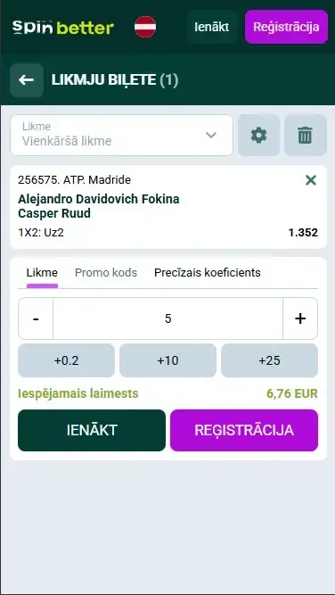 Spinbetter Latvija likmju talons