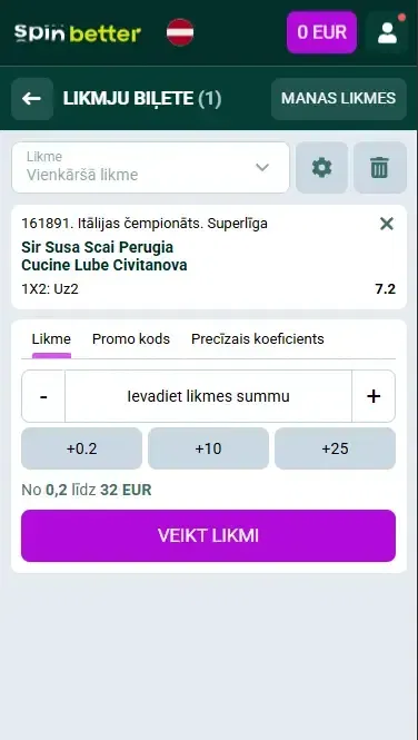 Spinbetter Latvija volejbola derību kupons