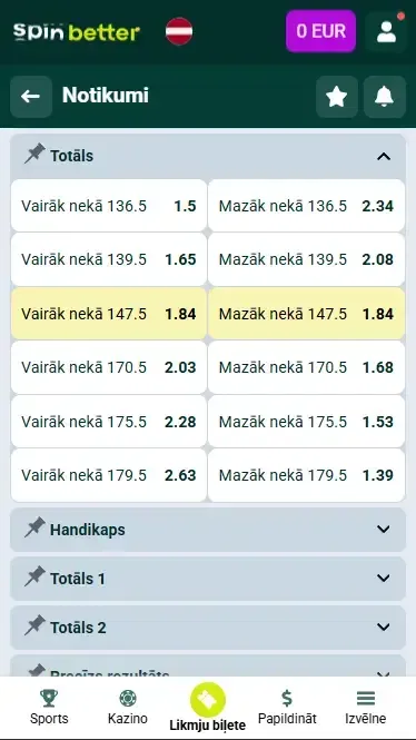 Spinbetter Latvija – volejbola koprezultāti un handikaps
