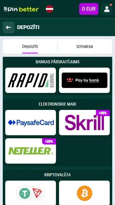 Spinbetter Latvija – iemaksu veidi