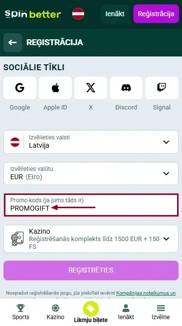 Spinbetter Latvija promo kods
