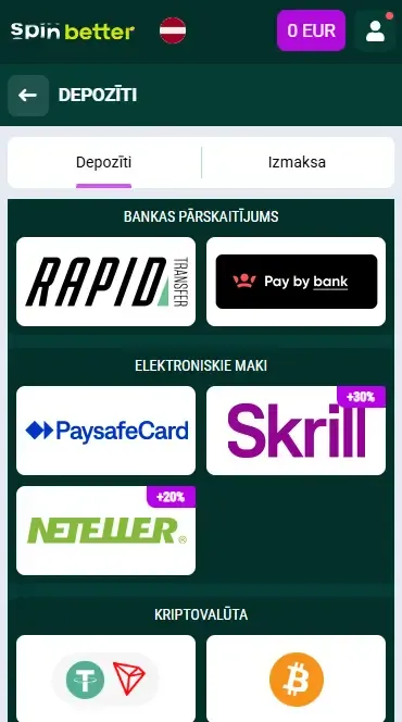Spinbetter iemaksas iespējas Latvijā