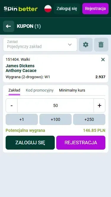 Kupon zakładów bokserskich Spinbetter