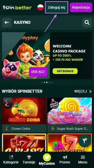 Przycisk logowania Spinbetter Polska