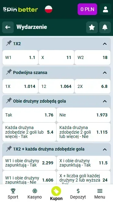 Rynki zakładów Spinbetter