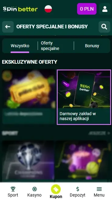Spinbetter Polska Bonus darmowego zakładu
