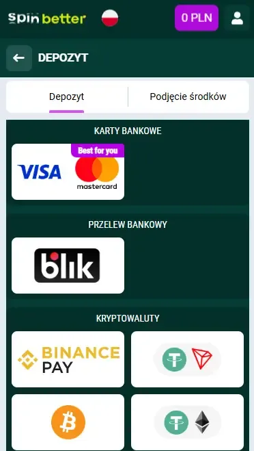 Opcje wpłaty Spinbetter