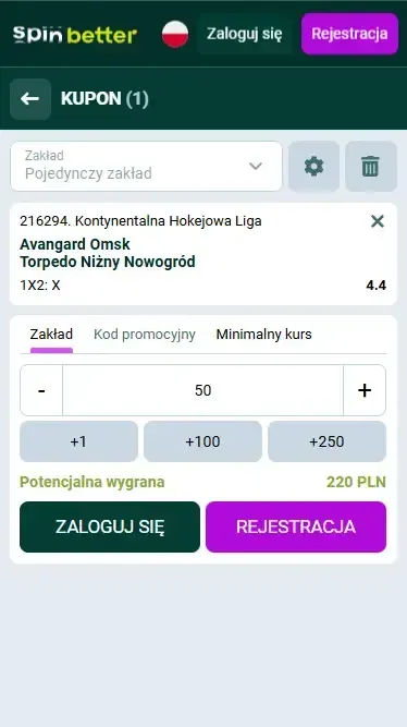 Kupon na zakłady hokejowe Spinbetter Polska