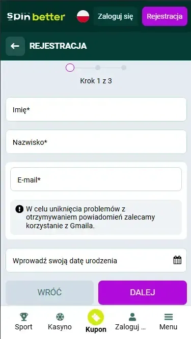 Rejestracja Spinbetter w Polsce przez e-mail