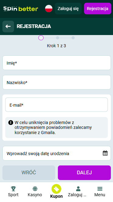 Rejestracja Spinbetter przez E-mail