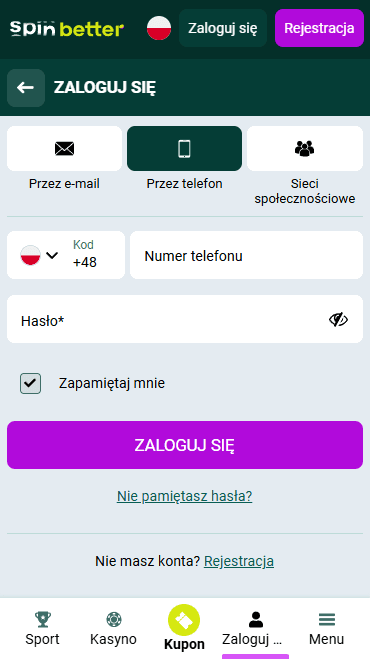 Logowanie Spinbetter przez Numer Telefonu
