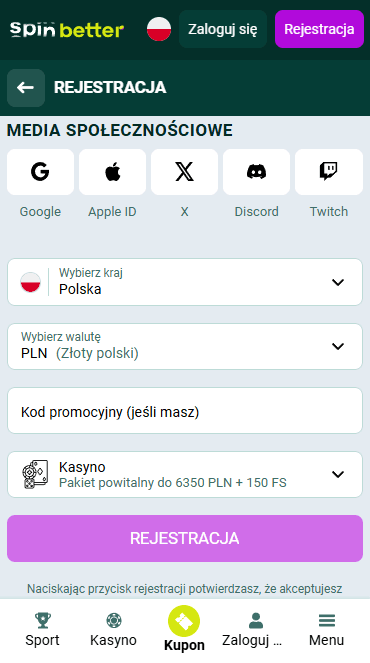 Rejestracja Spinbetter przez Sieci Społecznościowe