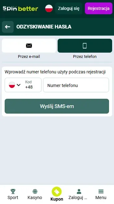 Odzyskiwanie hasła za pomocą numeru telefonu w Spinbetter PL