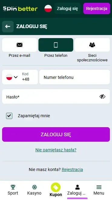 Logowanie Spinbetter Polska przez numer telefonu