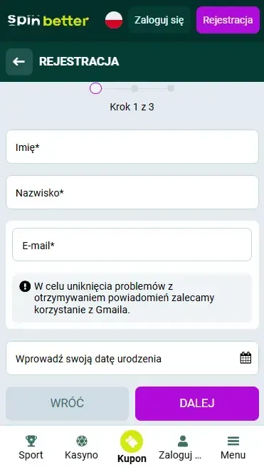 Rejestracja Spinbetter Polska przez e-mail
